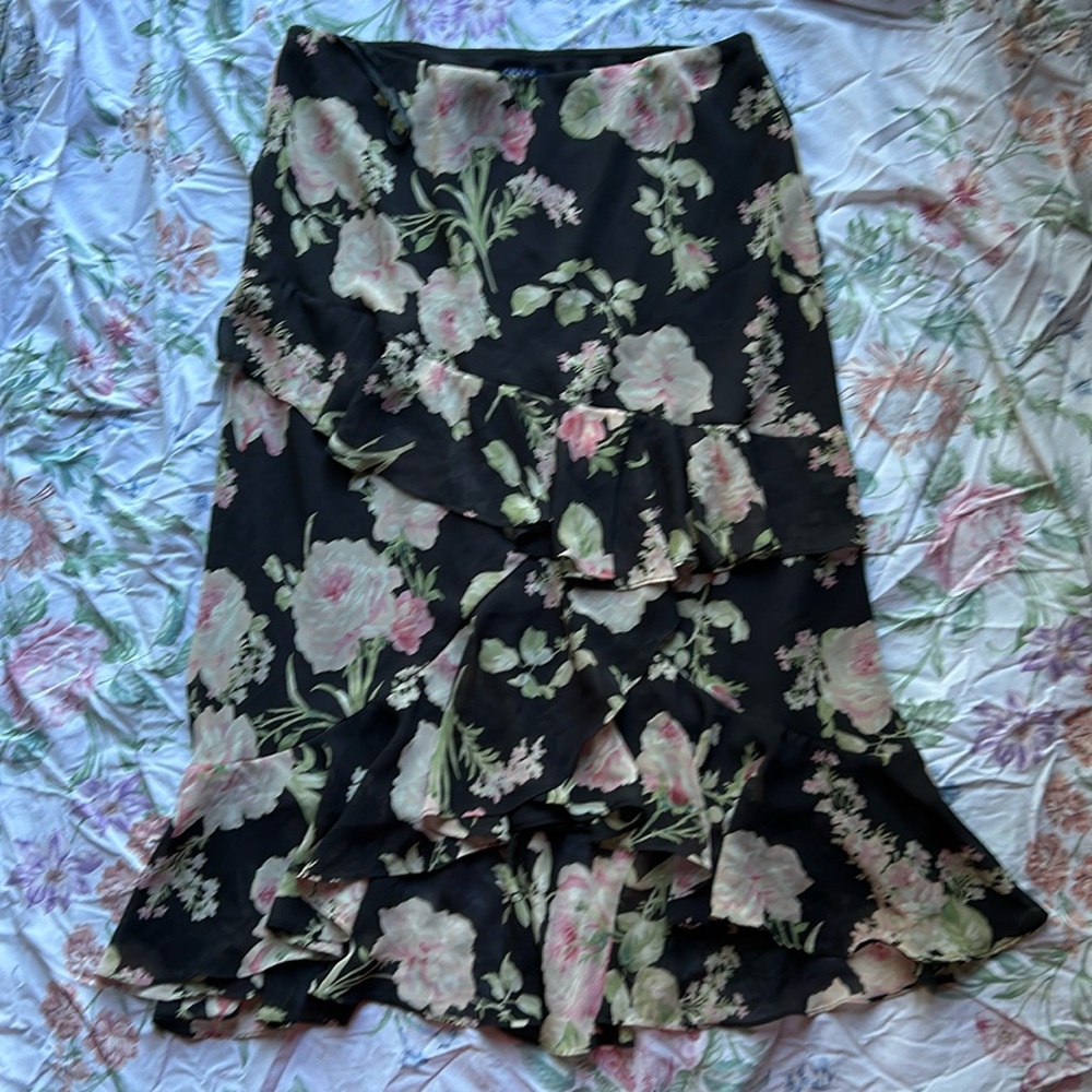 Vintage Chaps flowy floral midi flounce skirt with ruffles, size 12